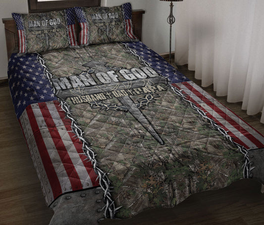 Christian, Jesus, God, Bible Quilt Set, Man Of God H Usband Dad Papa Jesus Cross Fatherian Quilt Blanket With Pillowcases, Quilt Bedding Set