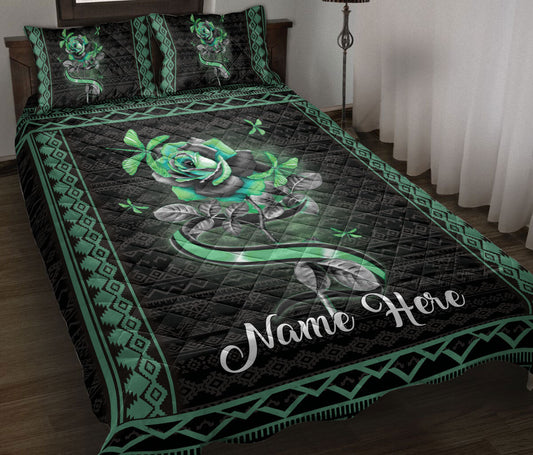 Personalized Dragon Quilt Set, Dragonfly Green Rose Flower Floral Quilt Blanket With Pillowcases, Custom Name Quilt Bedding Set