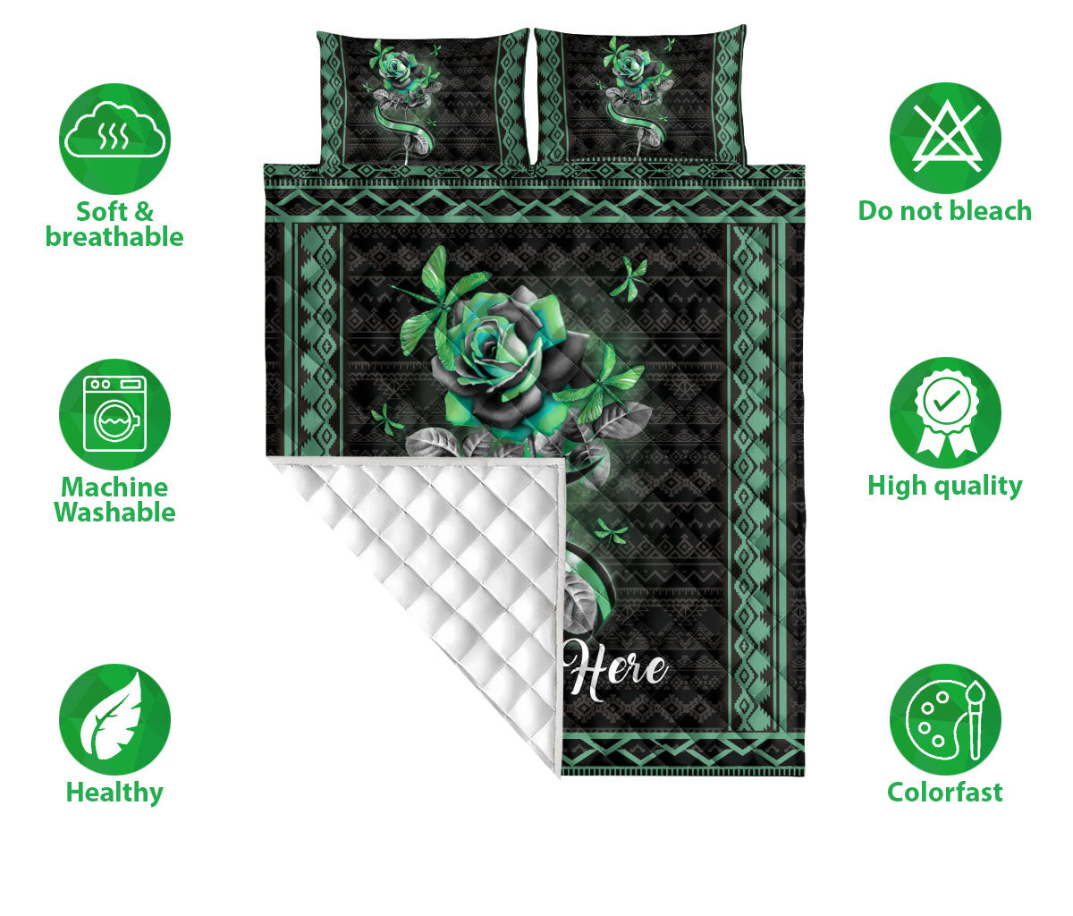 Personalized Dragon Quilt Set, Dragonfly Green Rose Flower Floral Quilt Blanket With Pillowcases, Custom Name Quilt Bedding Set