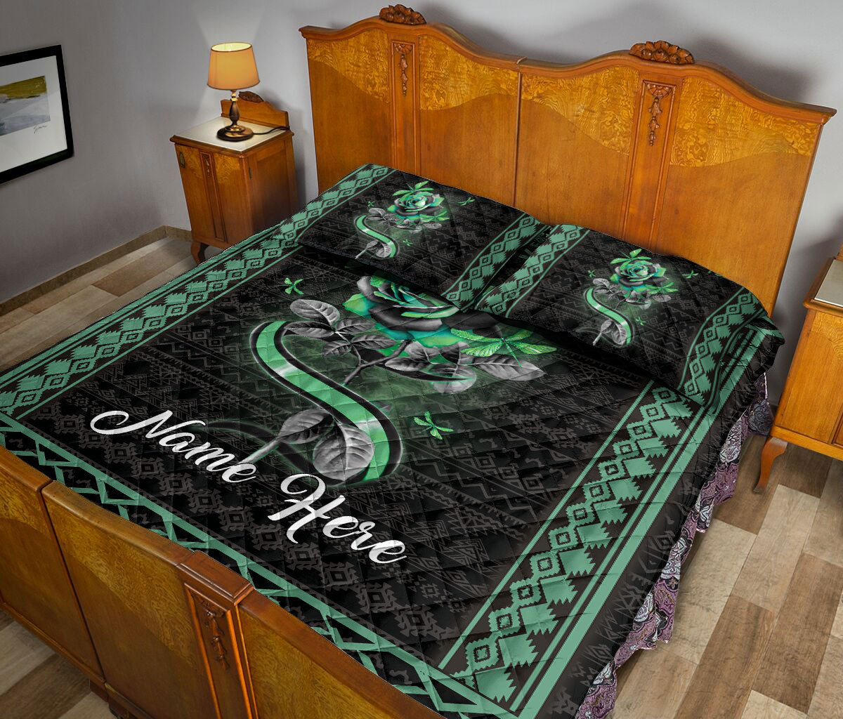 Personalized Dragon Quilt Set, Dragonfly Green Rose Flower Floral Quilt Blanket With Pillowcases, Custom Name Quilt Bedding Set