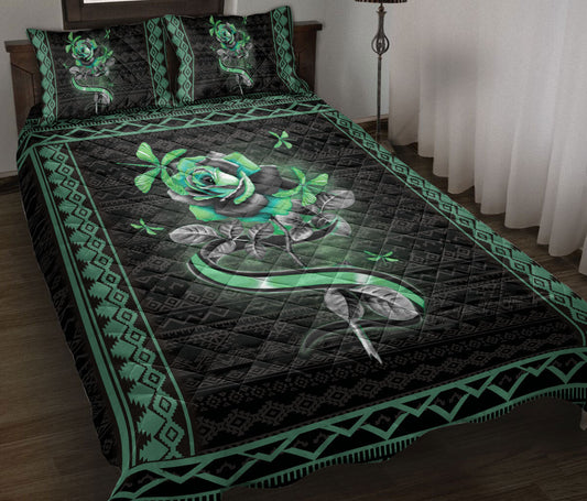 Dragonfly Quilt Set, Dragonfly Green Rose Flower Floral Dragonfly Quilt Blanket With Pillowcases, Quilt Bedding Set