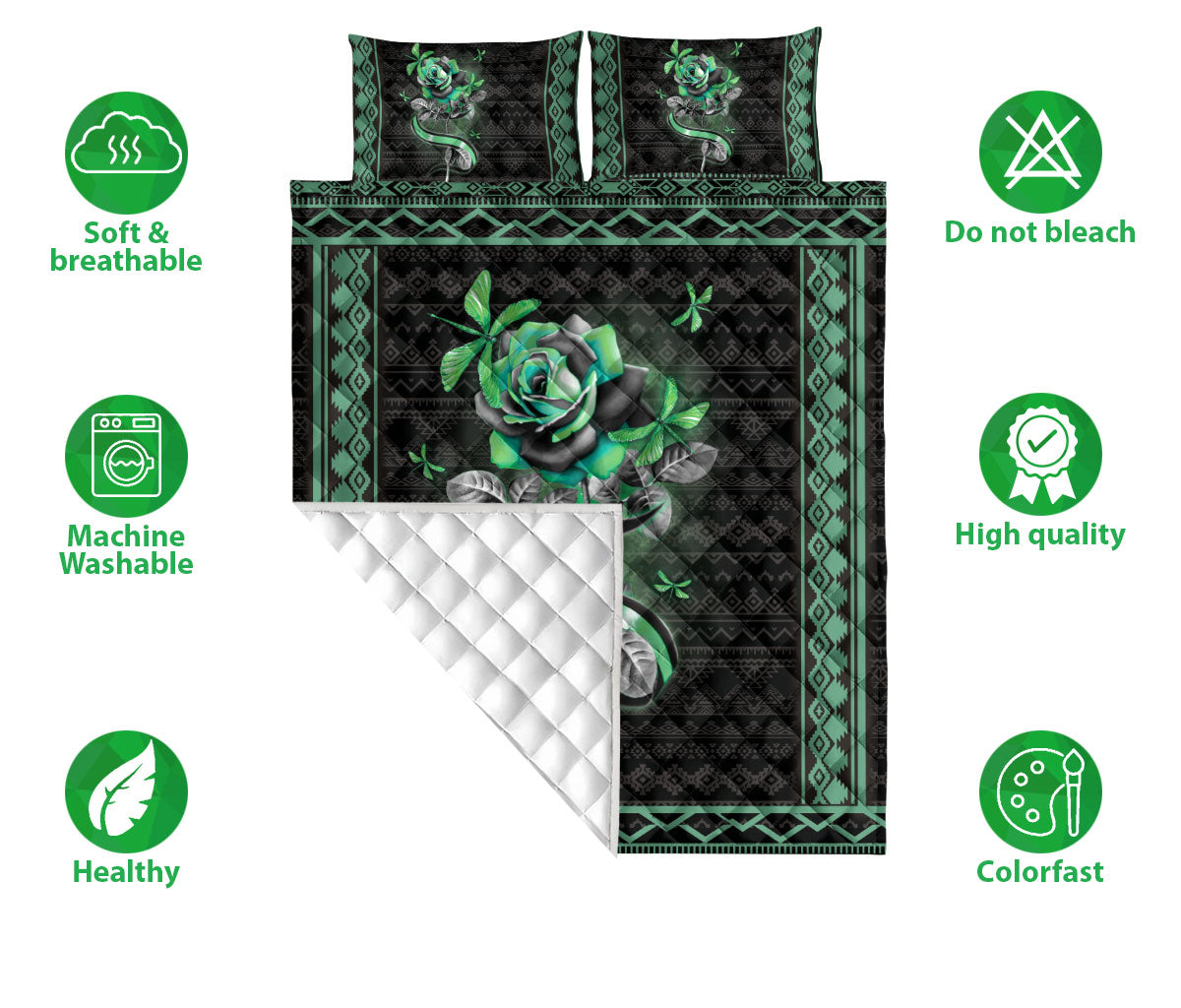 Dragonfly Quilt Set, Dragonfly Green Rose Flower Floral Dragonfly Quilt Blanket With Pillowcases, Quilt Bedding Set