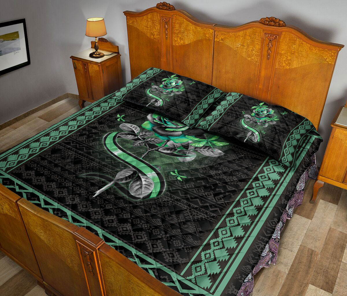Dragonfly Quilt Set, Dragonfly Green Rose Flower Floral Dragonfly Quilt Blanket With Pillowcases, Quilt Bedding Set