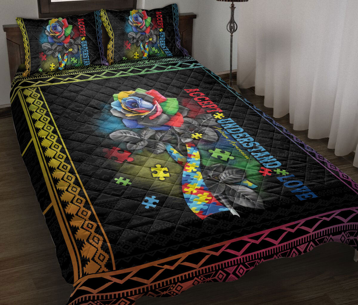 Autism Quilt Set, Autism Awareness Accept Understand Love Rose Flower Floral Quilt Blanket With Pillowcases, Quilt Bedding Set