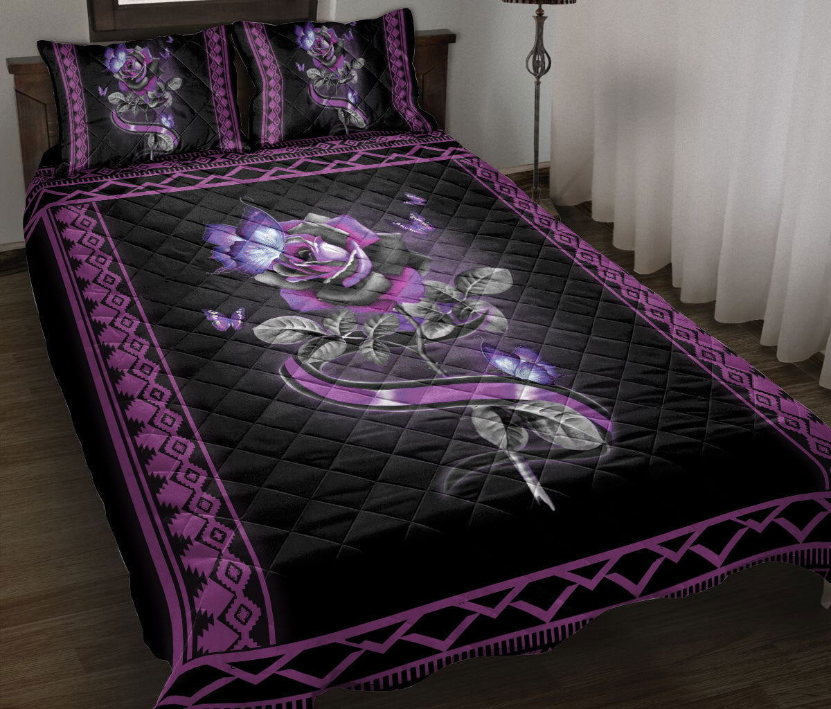 Butterfly Quilt Set, Butterfly Purple Rose Flower Floral Butterfly Quilt Blanket With Pillowcases, Quilt Bedding Set