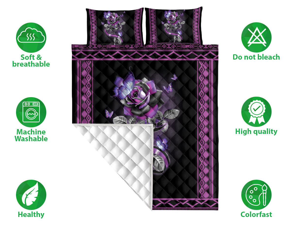 Butterfly Quilt Set, Butterfly Purple Rose Flower Floral Butterfly Quilt Blanket With Pillowcases, Quilt Bedding Set