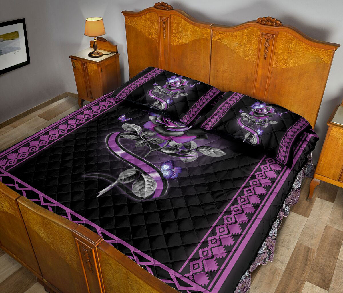 Butterfly Quilt Set, Butterfly Purple Rose Flower Floral Butterfly Quilt Blanket With Pillowcases, Quilt Bedding Set