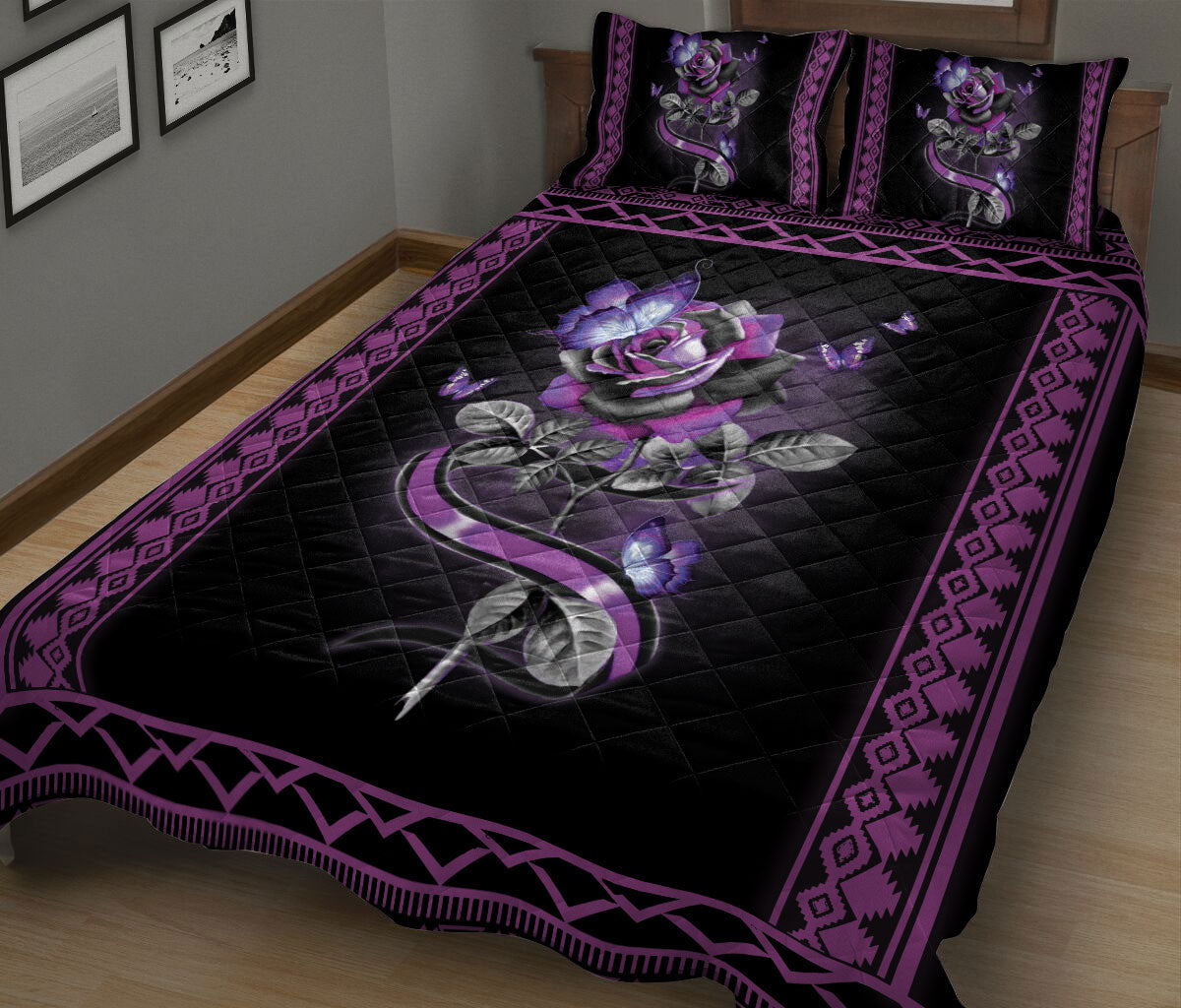 Butterfly Quilt Set, Butterfly Purple Rose Flower Floral Butterfly Quilt Blanket With Pillowcases, Quilt Bedding Set