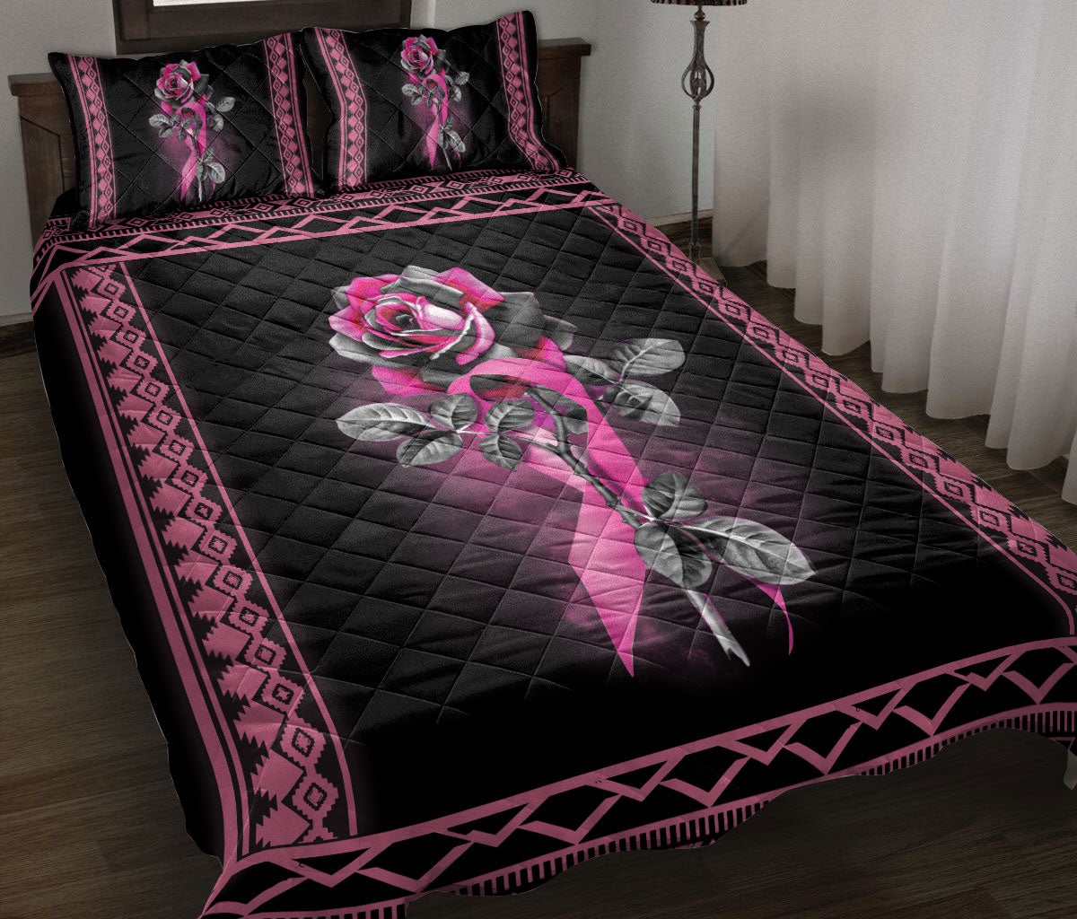 Breast Cancer Quilt Set, Breast Cancer Awareness Pink Rose Flower Floral Native Quilt Blanket With Pillowcases, Quilt Bedding Set