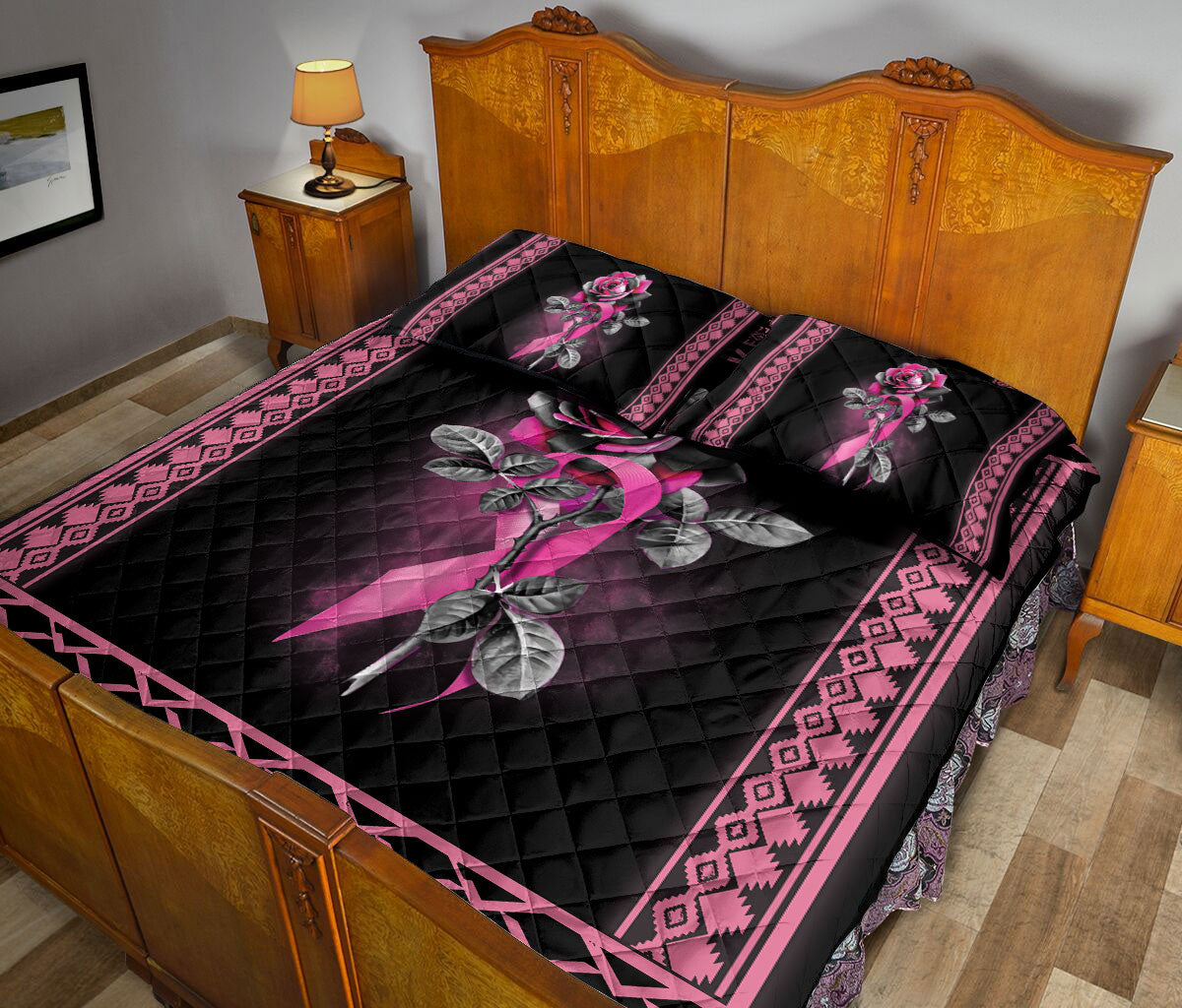 Breast Cancer Quilt Set, Breast Cancer Awareness Pink Rose Flower Floral Native Quilt Blanket With Pillowcases, Quilt Bedding Set
