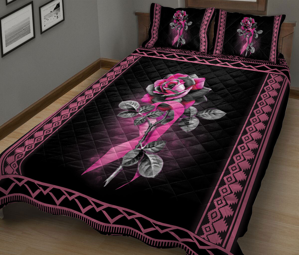 Breast Cancer Quilt Set, Breast Cancer Awareness Pink Rose Flower Floral Native Quilt Blanket With Pillowcases, Quilt Bedding Set
