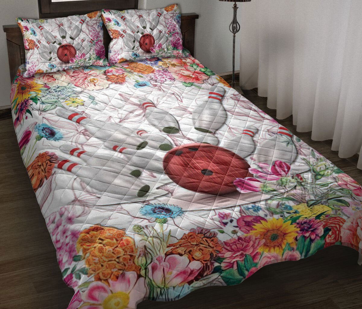 Bowling Quilt Set, Bowling Flower Floral Quilt Blanket With Pillowcases, Quilt Bedding Set