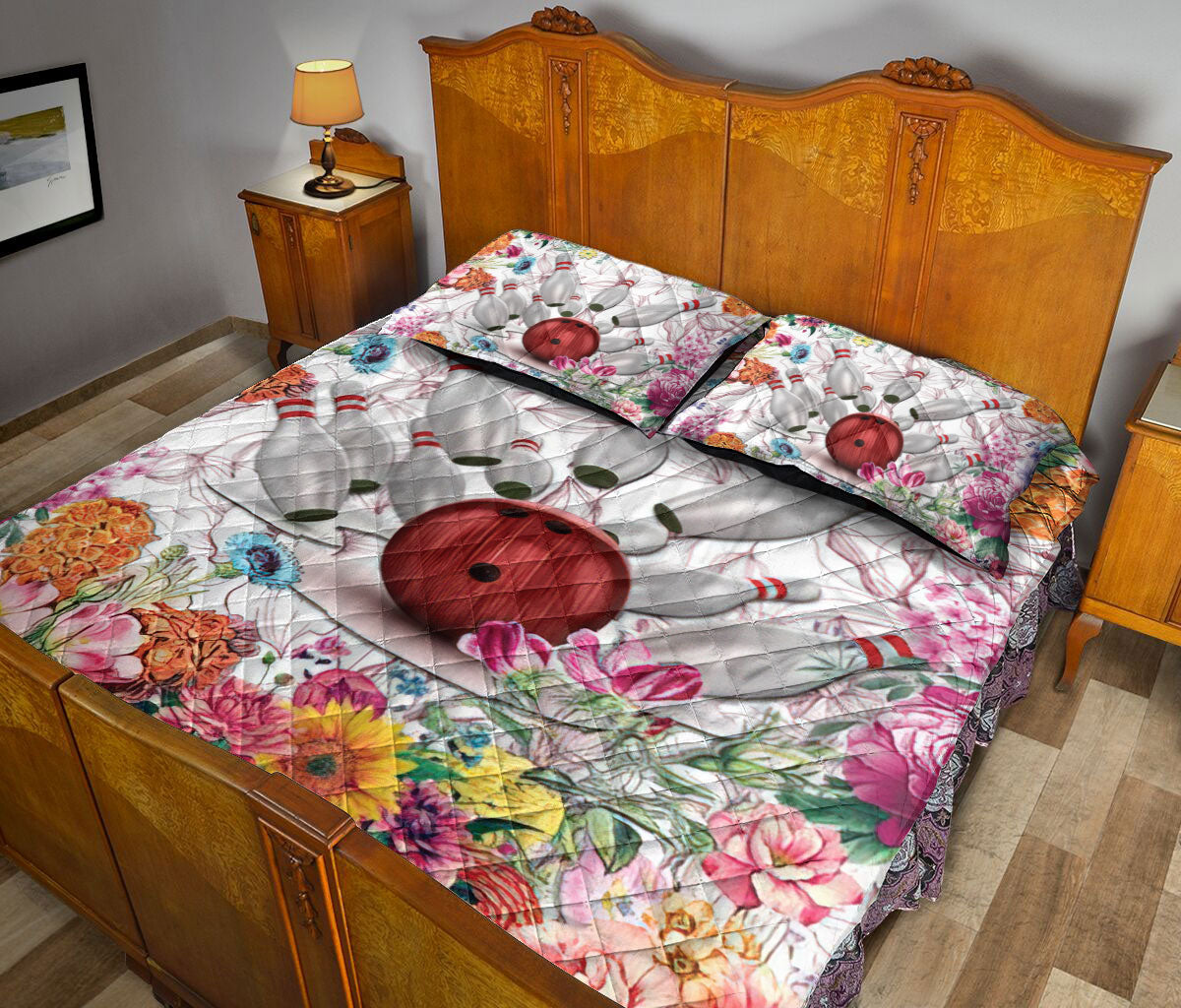 Bowling Quilt Set, Bowling Flower Floral Quilt Blanket With Pillowcases, Quilt Bedding Set