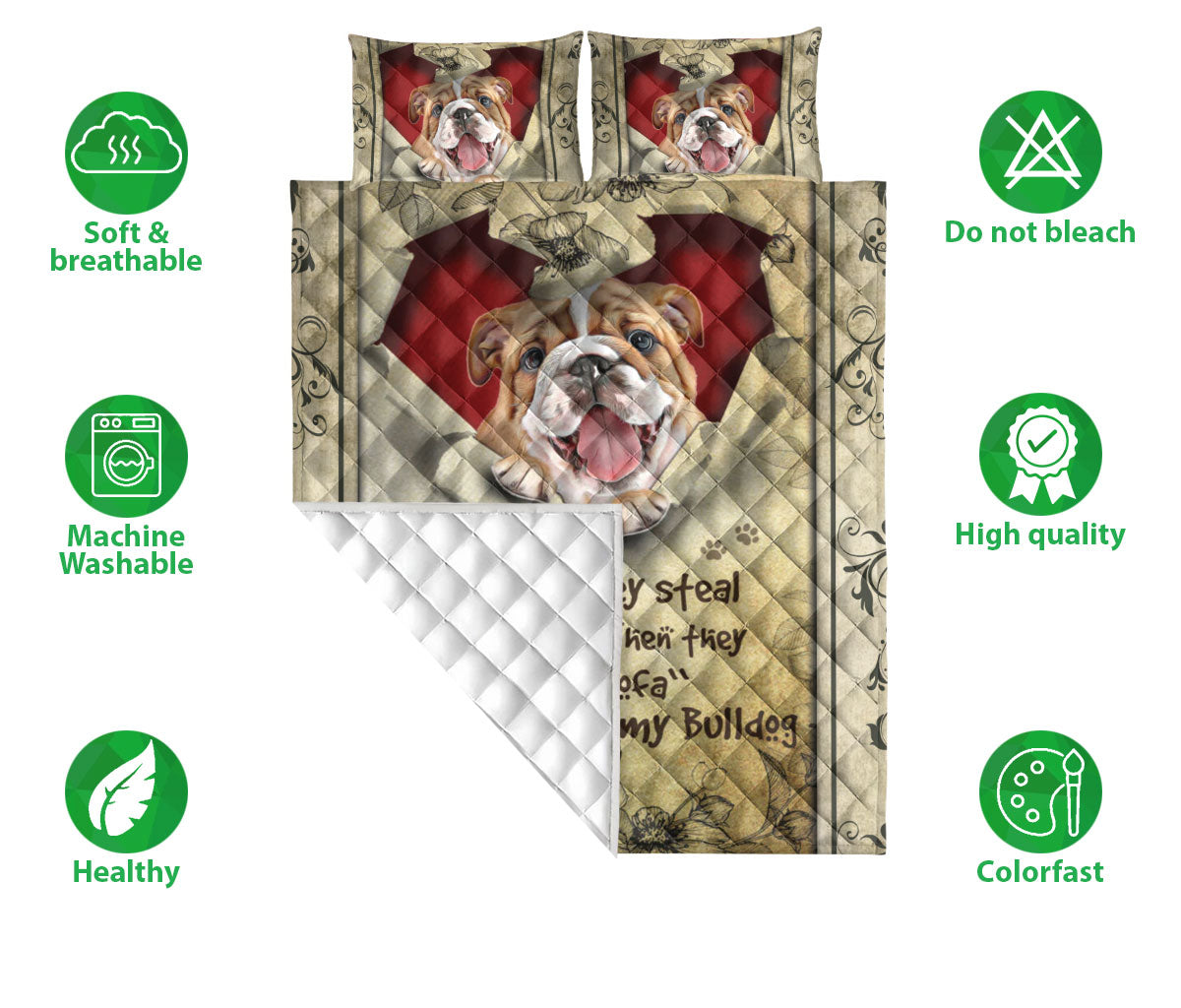 Bulldog Quilt Set, English Bulldog They Steal My Heart Floral Beige Dog Quilt Blanket With Pillowcases, Quilt Bedding Set