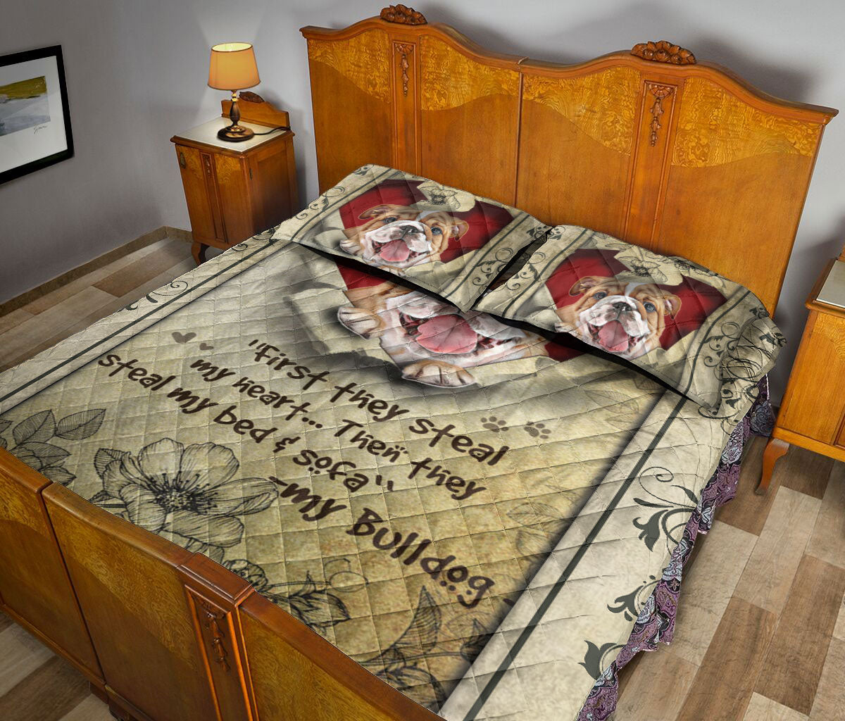 Bulldog Quilt Set, English Bulldog They Steal My Heart Floral Beige Dog Quilt Blanket With Pillowcases, Quilt Bedding Set