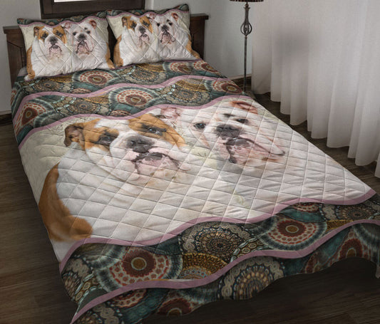 Bulldog Quilt Set, English Bulldog Mandala Dog Puppy Quilt Blanket With Pillowcases, Quilt Bedding Set