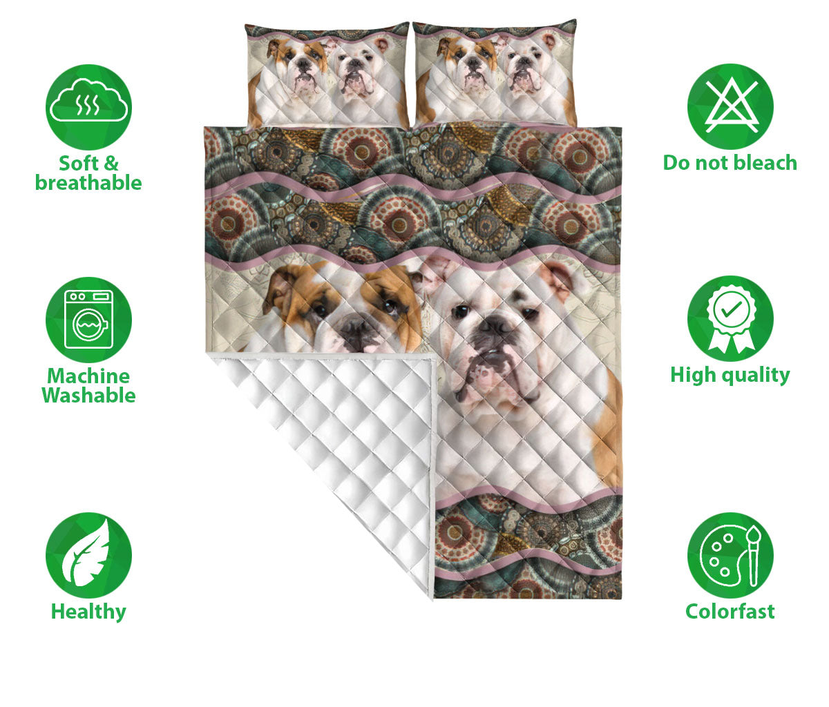 Bulldog Quilt Set, English Bulldog Mandala Dog Puppy Quilt Blanket With Pillowcases, Quilt Bedding Set