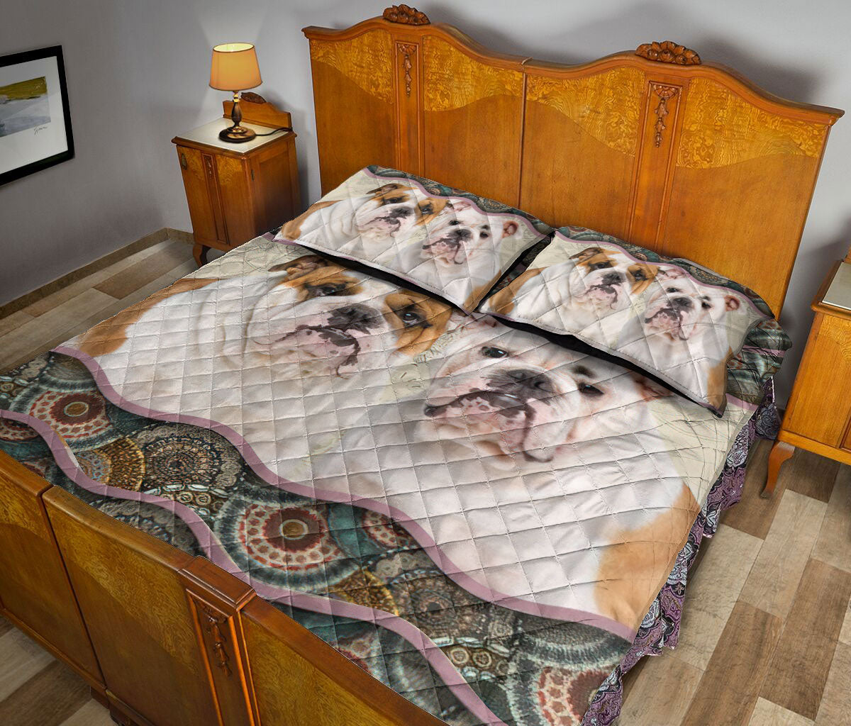 Bulldog Quilt Set, English Bulldog Mandala Dog Puppy Quilt Blanket With Pillowcases, Quilt Bedding Set