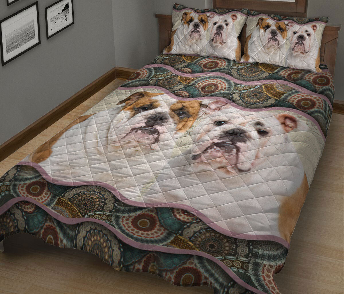 Bulldog Quilt Set, English Bulldog Mandala Dog Puppy Quilt Blanket With Pillowcases, Quilt Bedding Set