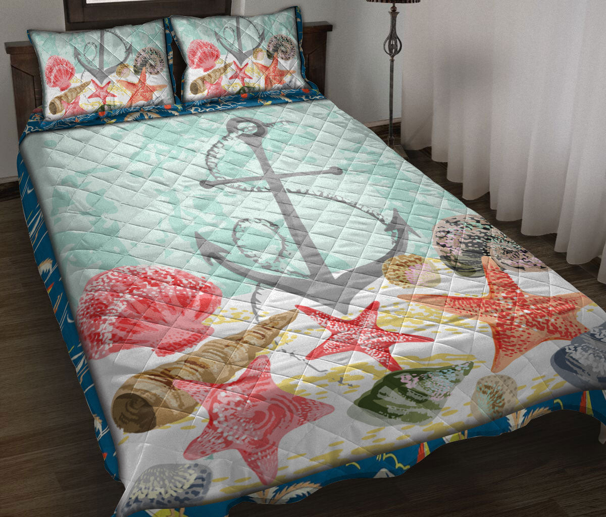 Anchor Quilt Set, Ocean Anchor Starfish Ocean Beach Sea Blue Quilt Blanket With Pillowcases, Quilt Bedding Set