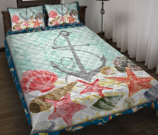 Anchor Quilt Set, Ocean Anchor Starfish Ocean Beach Sea Blue Quilt Blanket With Pillowcases, Quilt Bedding Set