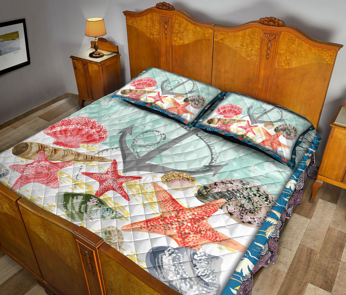 Anchor Quilt Set, Ocean Anchor Starfish Ocean Beach Sea Blue Quilt Blanket With Pillowcases, Quilt Bedding Set