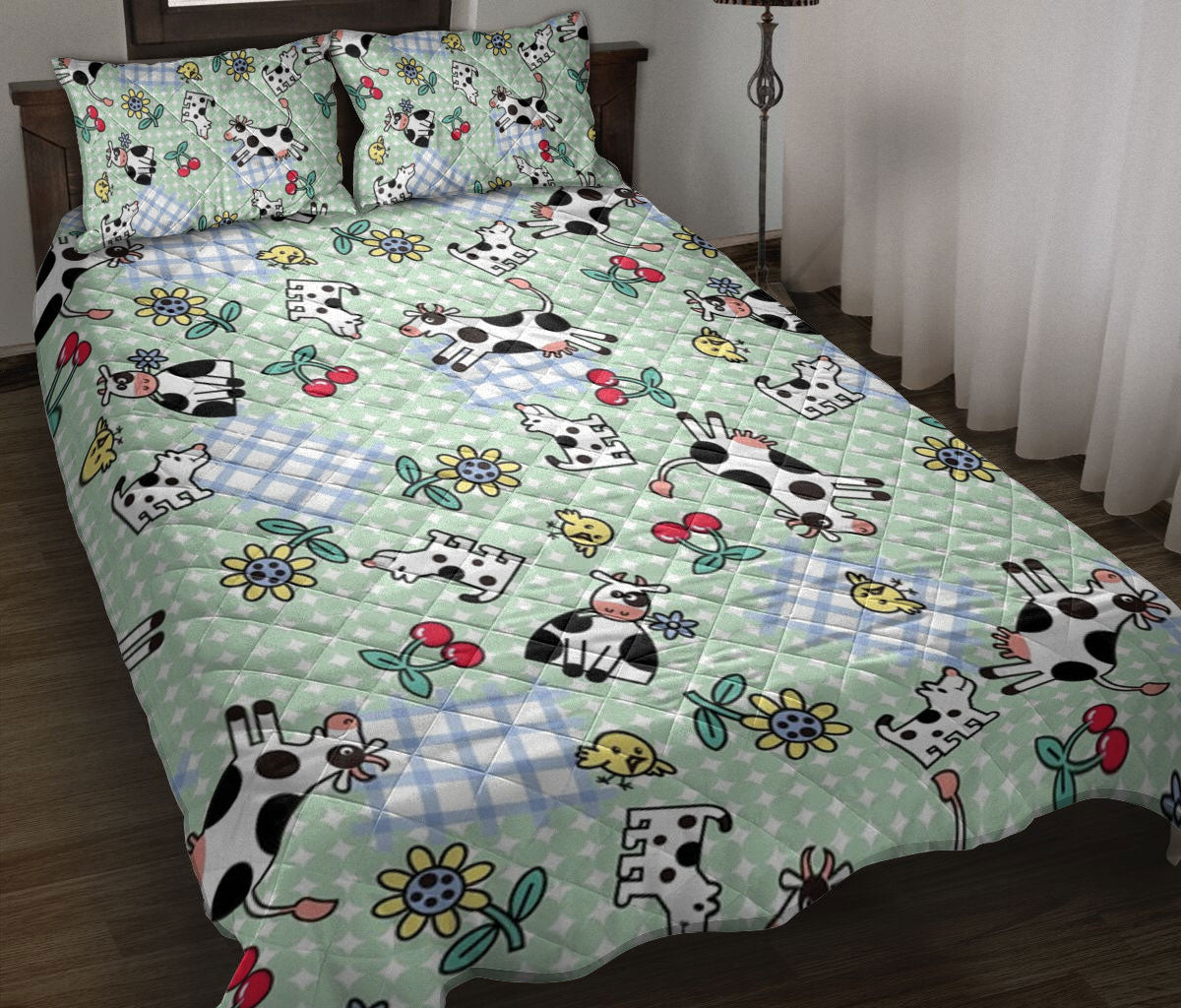 Cattle Quilt Set, Cute Dairy Cow Cattle Cow Farm Floral Blue Quilt Blanket With Pillowcases, Quilt Bedding Set