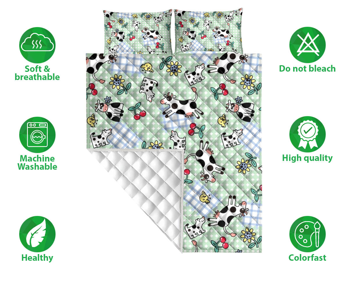 Cattle Quilt Set, Cute Dairy Cow Cattle Cow Farm Floral Blue Quilt Blanket With Pillowcases, Quilt Bedding Set