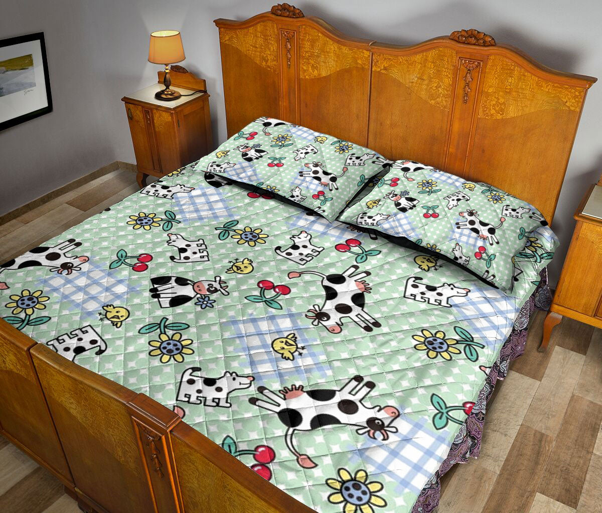 Cattle Quilt Set, Cute Dairy Cow Cattle Cow Farm Floral Blue Quilt Blanket With Pillowcases, Quilt Bedding Set
