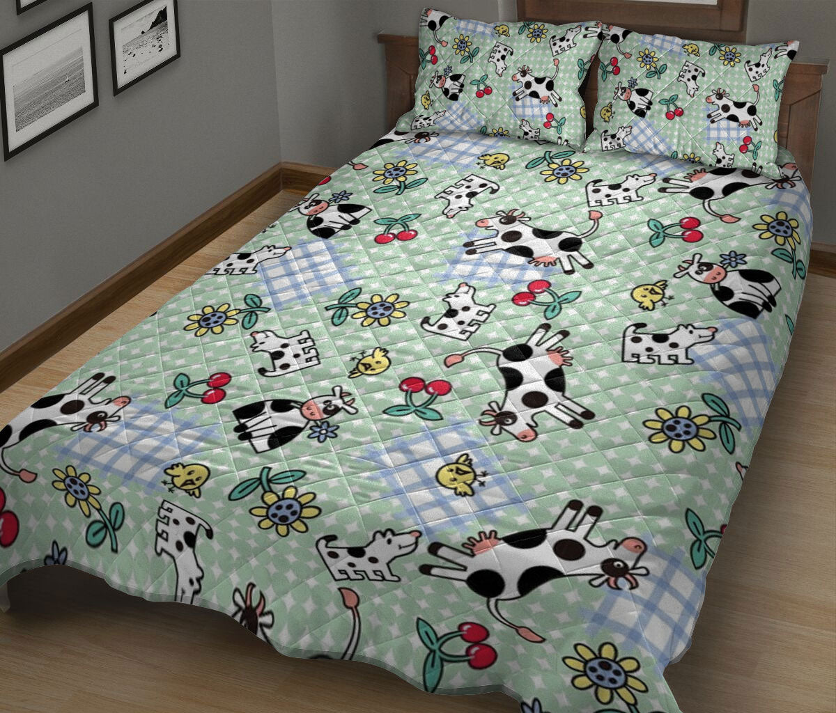 Cattle Quilt Set, Cute Dairy Cow Cattle Cow Farm Floral Blue Quilt Blanket With Pillowcases, Quilt Bedding Set