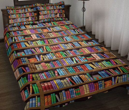 Book Quilt Set, Bookshelf Background Reading Books Book Quilt Blanket With Pillowcases, Quilt Bedding Set