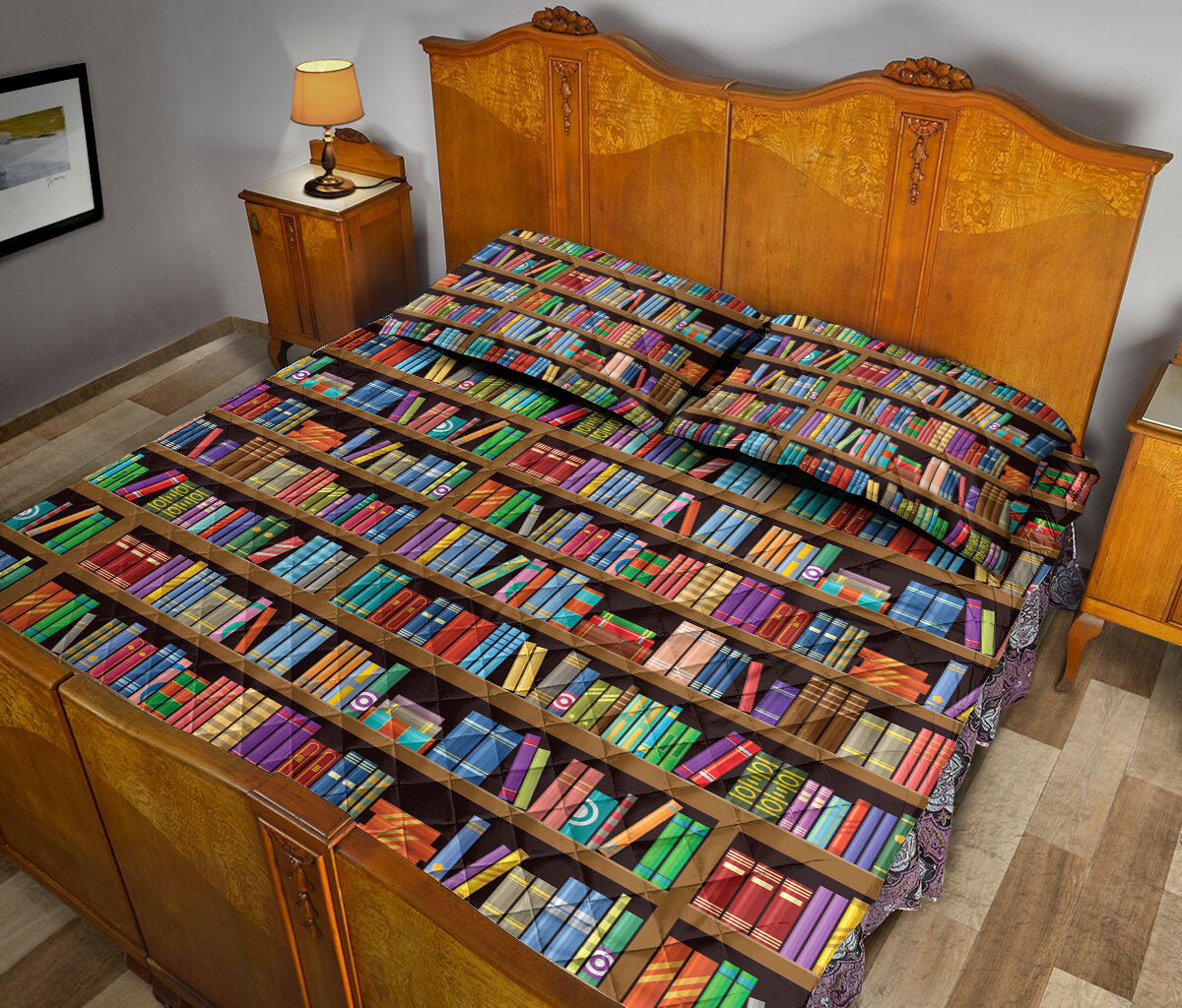 Book Quilt Set, Bookshelf Background Reading Books Book Quilt Blanket With Pillowcases, Quilt Bedding Set