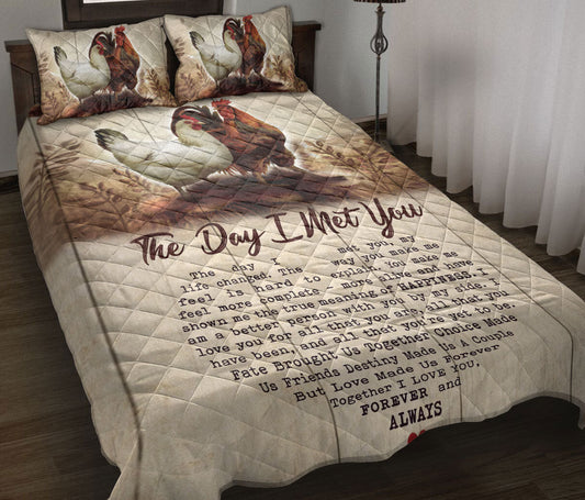 Chicken Quilt Set, Chicken The Day I Met You Couple H Usband & Wife Farm Quilt Blanket With Pillowcases, Quilt Bedding Set