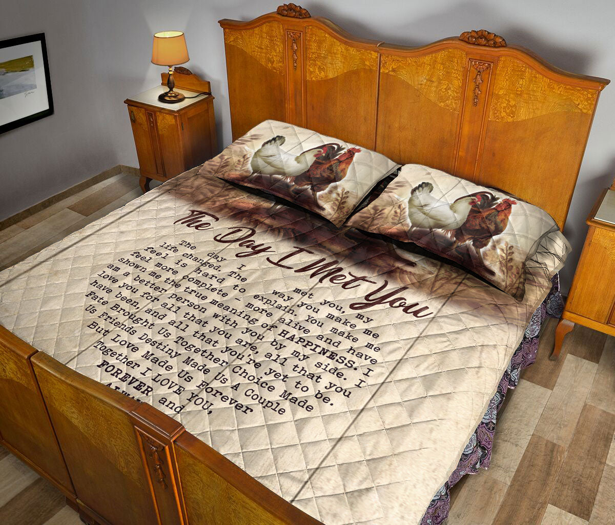 Chicken Quilt Set, Chicken The Day I Met You Couple H Usband & Wife Farm Quilt Blanket With Pillowcases, Quilt Bedding Set