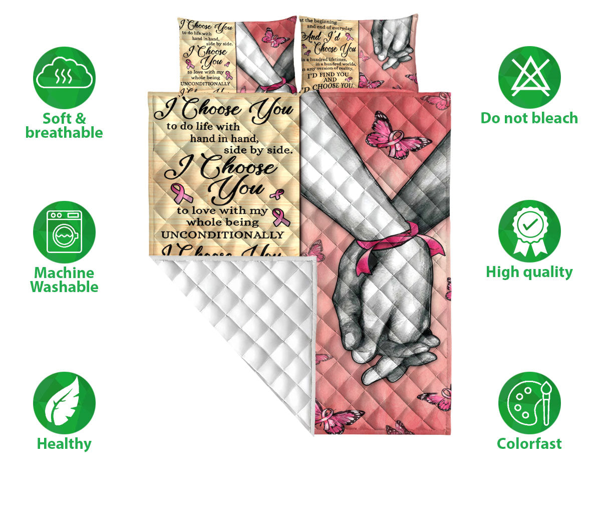 Breast Cancer Quilt Set, Breast Cancer Awareness I Choose You Couple H Usband & Wife Quilt Blanket With Pillowcases, Quilt Bedding Set