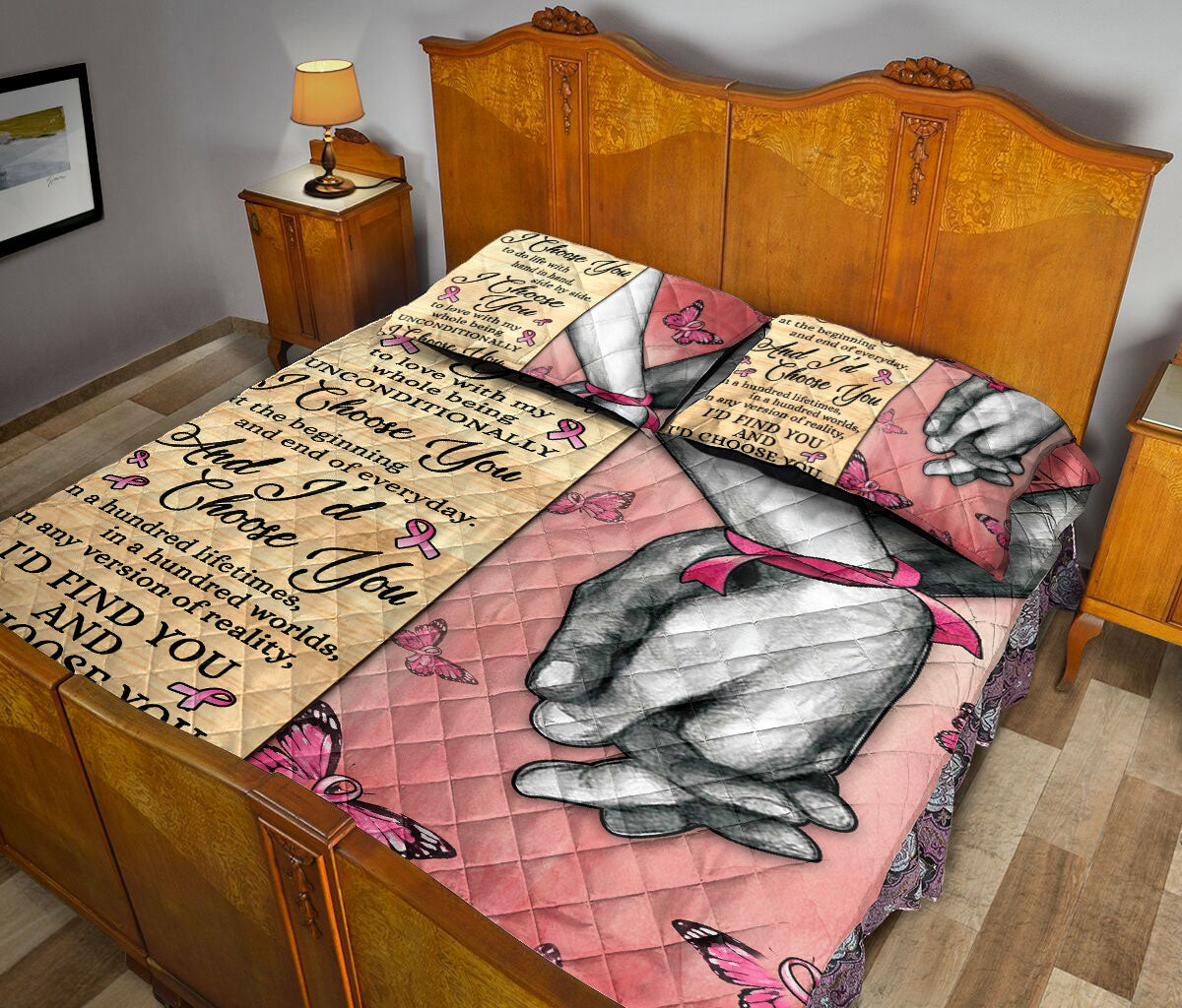 Breast Cancer Quilt Set, Breast Cancer Awareness I Choose You Couple H Usband & Wife Quilt Blanket With Pillowcases, Quilt Bedding Set