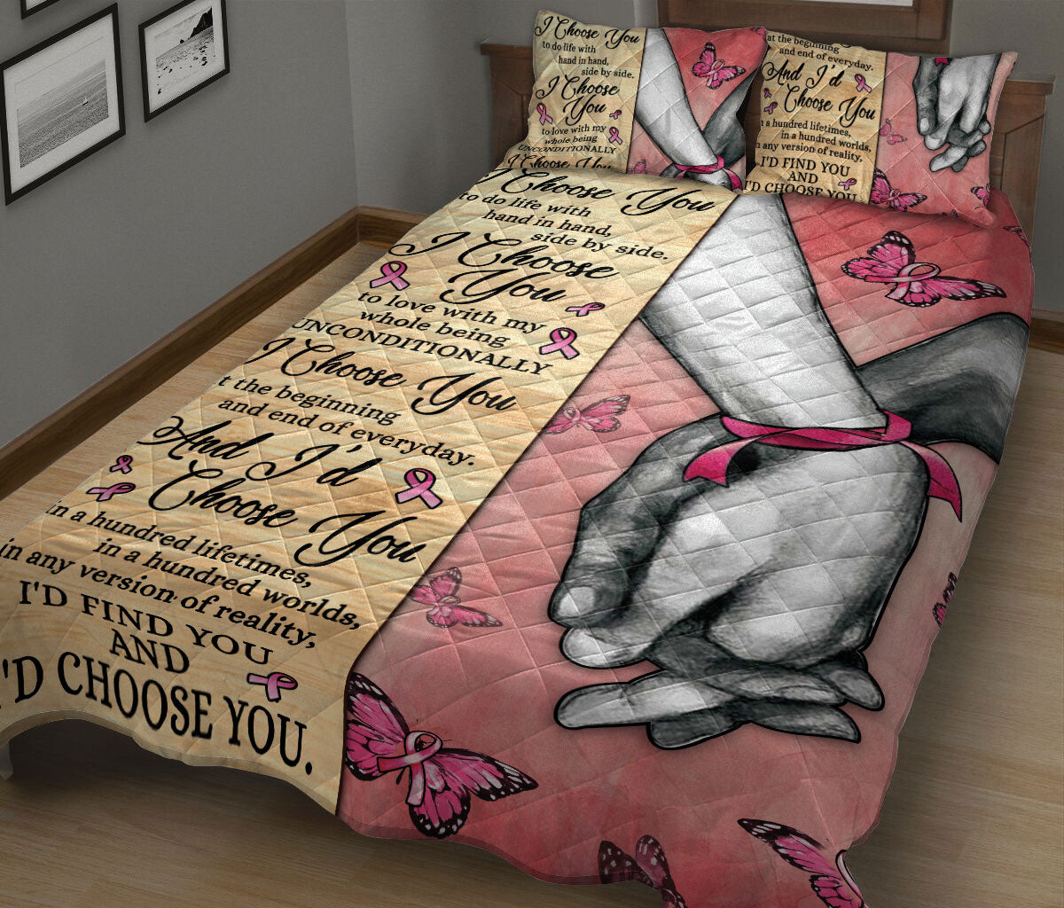 Breast Cancer Quilt Set, Breast Cancer Awareness I Choose You Couple H Usband & Wife Quilt Blanket With Pillowcases, Quilt Bedding Set