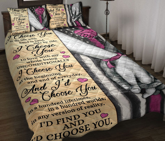 Breast Cancer Quilt Set, I Choose You Breast Cancer Awareness Couple H Usband & Wife Quilt Blanket With Pillowcases, Quilt Bedding Set