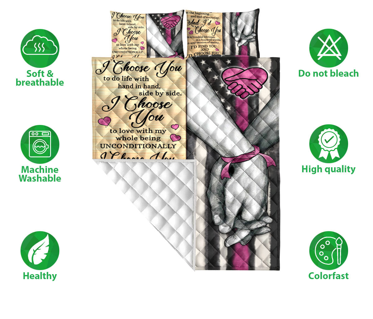 Breast Cancer Quilt Set, I Choose You Breast Cancer Awareness Couple H Usband & Wife Quilt Blanket With Pillowcases, Quilt Bedding Set