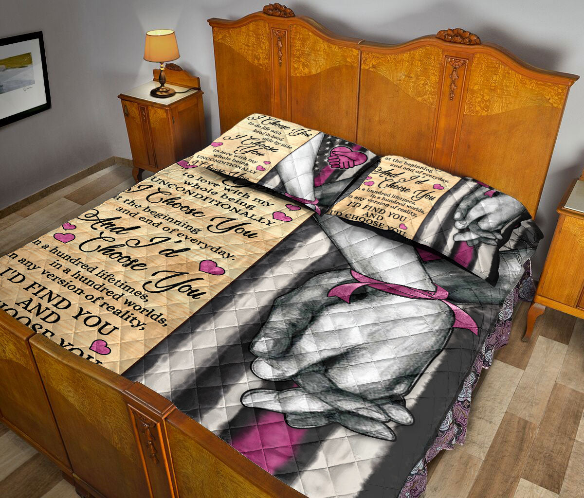 Breast Cancer Quilt Set, I Choose You Breast Cancer Awareness Couple H Usband & Wife Quilt Blanket With Pillowcases, Quilt Bedding Set