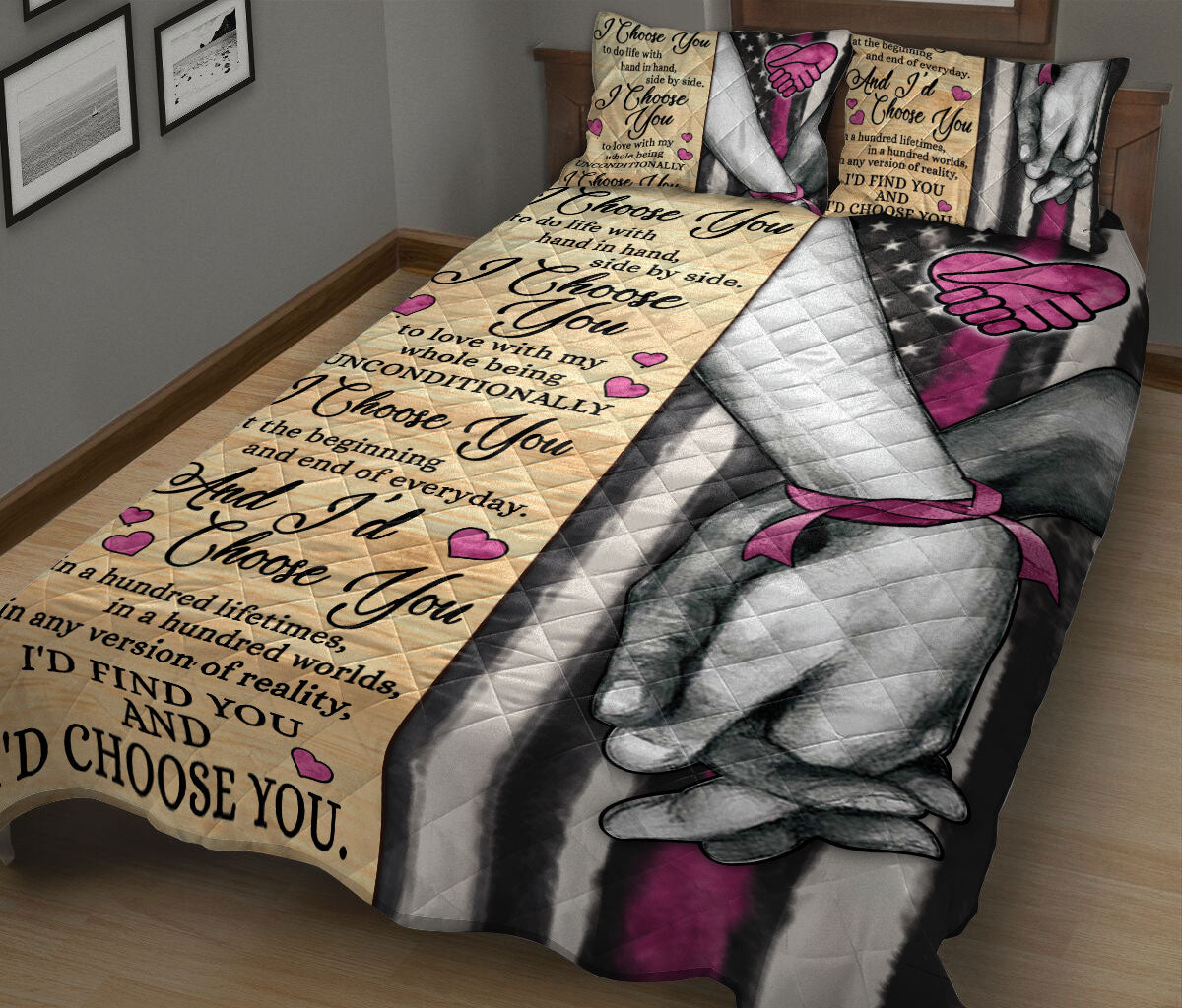 Breast Cancer Quilt Set, I Choose You Breast Cancer Awareness Couple H Usband & Wife Quilt Blanket With Pillowcases, Quilt Bedding Set