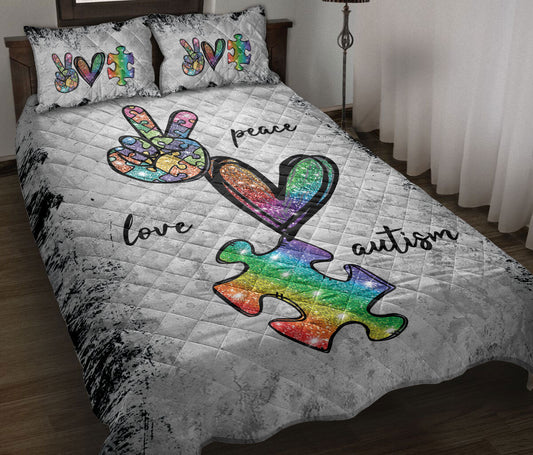 Autism Quilt Set, Autism Awareness Peace Love Autism Support Grey Quilt Blanket With Pillowcases, Quilt Bedding Set