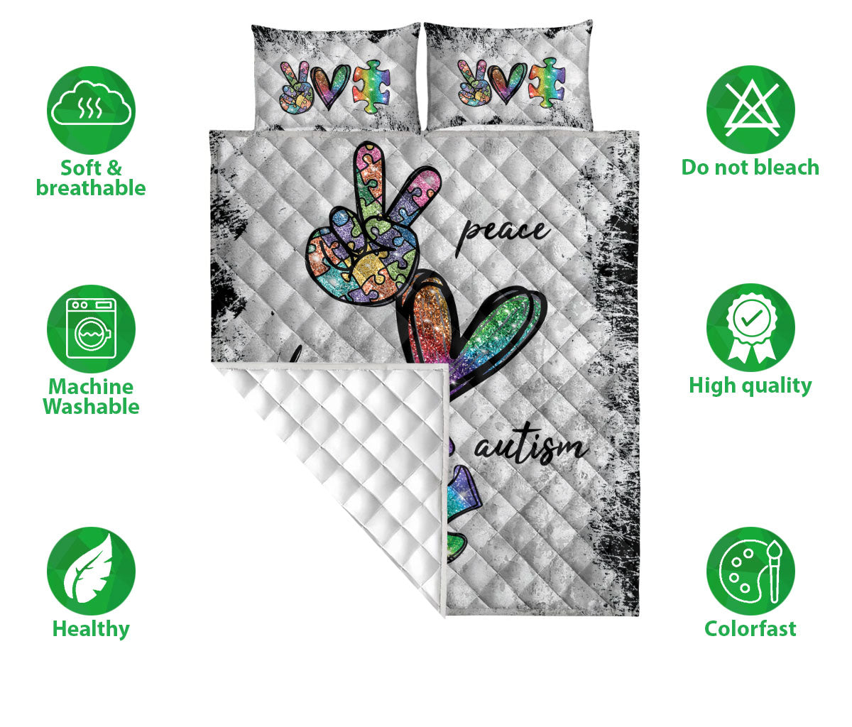 Autism Quilt Set, Autism Awareness Peace Love Autism Support Grey Quilt Blanket With Pillowcases, Quilt Bedding Set