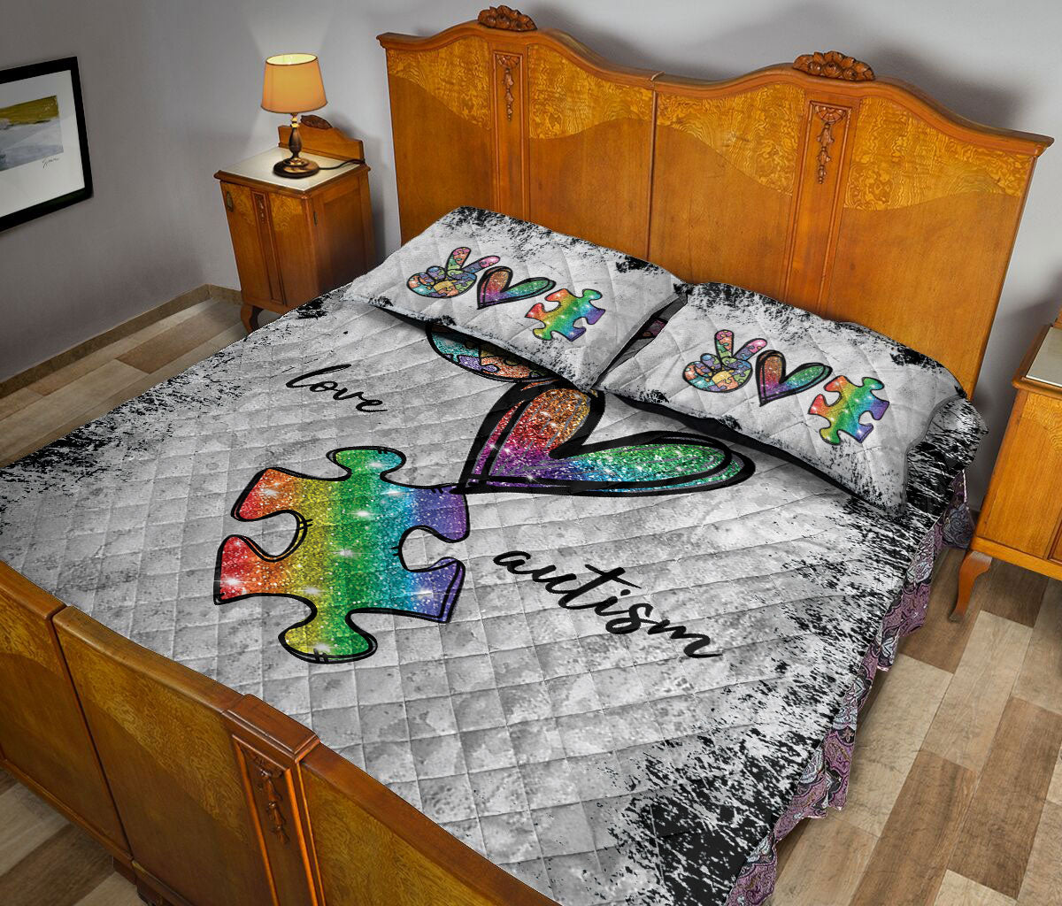 Autism Quilt Set, Autism Awareness Peace Love Autism Support Grey Quilt Blanket With Pillowcases, Quilt Bedding Set