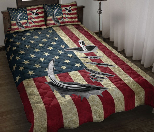 Fishing Quilt Set, Fishing Hook Us Flag Patriotic Quilt Blanket With Pillowcases, Quilt Bedding Set