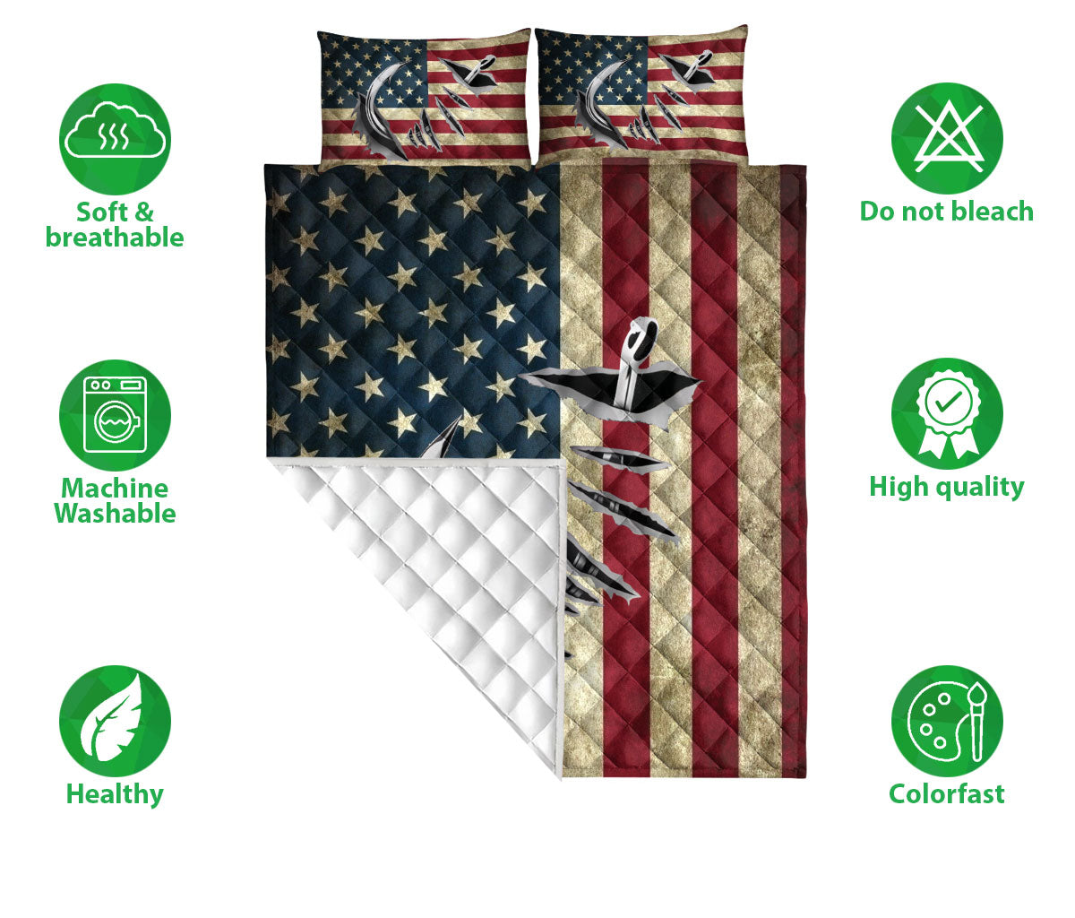 Fishing Quilt Set, Fishing Hook Us Flag Patriotic Quilt Blanket With Pillowcases, Quilt Bedding Set