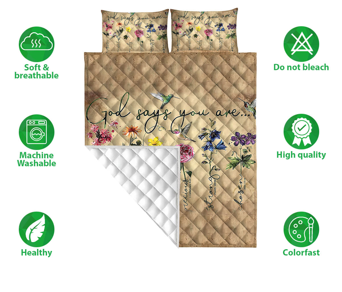 Christian, Jesus, God, Bible Quilt Set, God Says You Are Flower Garden Floral Beigeian Quilt Blanket With Pillowcases, Quilt Bedding Set