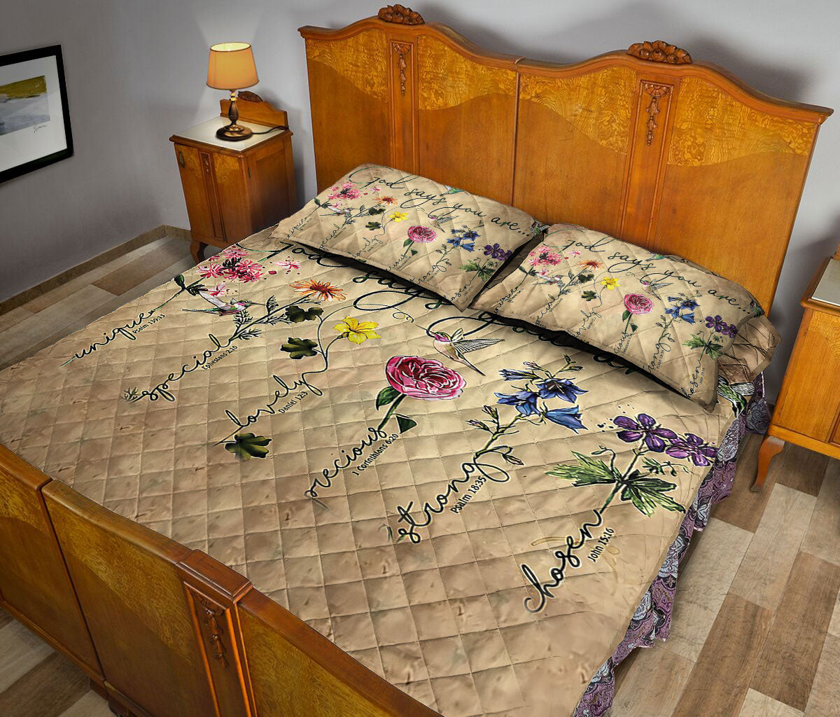 Christian, Jesus, God, Bible Quilt Set, God Says You Are Flower Garden Floral Beigeian Quilt Blanket With Pillowcases, Quilt Bedding Set