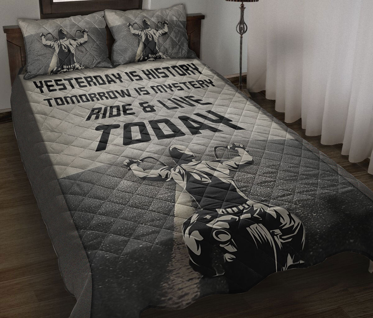 Biker Quilt Set, Biker Yesterday Is History Ride & Live Today Biker Black & White Quilt Blanket With Pillowcases, Quilt Bedding Set