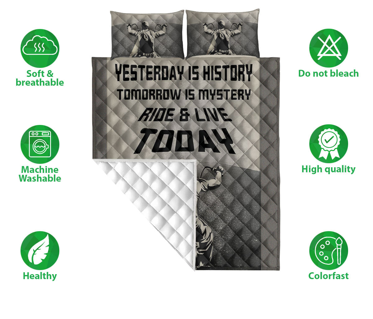 Biker Quilt Set, Biker Yesterday Is History Ride & Live Today Biker Black & White Quilt Blanket With Pillowcases, Quilt Bedding Set